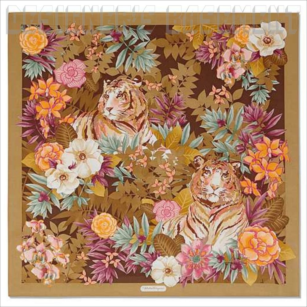 SALVATORE FERRAGAMO mustard & purple TIGERS floral JUNGLE silk scarf NWT +box🎁